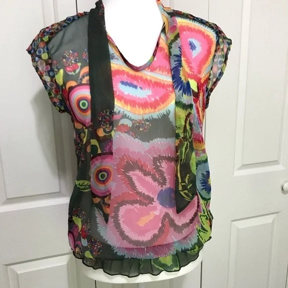 Desigual Sheer Floral Tie V-Neck Blouse S Y2K Cap Sleeve Art Print - Picture 14 of 17